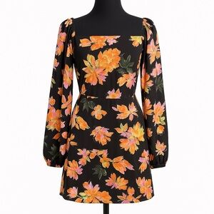 All in Favor Tropical Floral Mini Dress Square Neck Smocked NWT Large